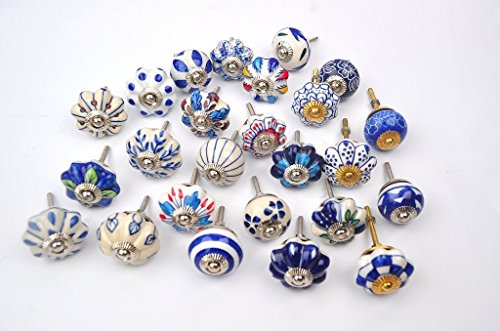 Set of 25 Blue and white hand painted ceramic pumpkin knobs cabinet drawer handles pulls
