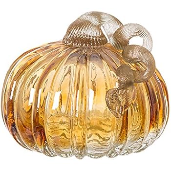 Glitzhome Hand Blown Two-Tone Crackle Glass Pumpkin Elegant Table Accent Amber 4.72 Inch