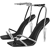 LISHAN Women's Square Toe Rhinestones Studded Sandals Ankle Buckle Clear High Heels