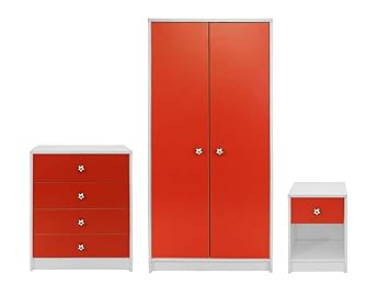 Devoted2home Rovers Childrens Bedroom Furniture 3 Piece Set White Red Includes Wardrobe Chest Of Drawers And Bedside Cabinet Wood 49 8x66 8x139