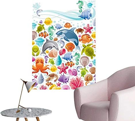 Wall Decals Diving Sea Animals with Marine Element and Objects Whale Corals Underwater Conc Environmental Protection Vinyl,24"W x 44"L