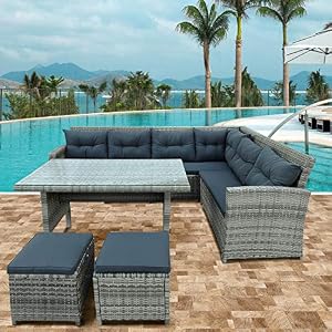 Merax 6 Piece Patio Dining Sets Pe Rattan Sectional Outdoor Patio Furniture Wicker Sofa With 2 Stools Tempered Glass Table Cushions Grey Beachfront Decor