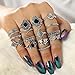 POYDORA 15 Pcs Vintage Flower Knuckle Ring Set Bohemian Retro Black Rhinestone Joint Knuckle Nail Midi Ring Finger Rings Set