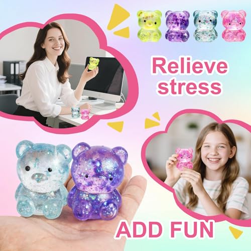 Beauenty 12 Pack Bear Squishy Toys, Glitter Colorful Sensory Stress Toy for Anxiety Relief, Fidget Toys for Kids Adult, Squeeze Balls Bulk, Party Favors Goodie Bags Stuffer for Kids (random color)