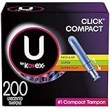 U by Kotex Click Compact Tampons, Multipack, Regular/Super/Super Plus Absorbency, 200 Count (4 Boxes of 50)