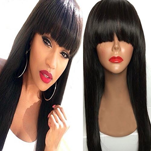 NiceToBuy Glueless Silky Straight Lace Front Wig with Bangs Brazilian Virgin Human Hair Wigs for Women 18 inch #1 Jet Black Color