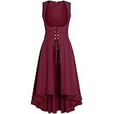 Eunchaes Women Renaissance Costume Medieval Peasant Dress Underbust Pirate Fairy High Low Dresses with Pockets