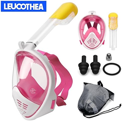 Leucothea Seaview 180 Degree Full Face Snorkel Mask Anti-Fog Anti-Leak Diving Snorkel Mask Adjustable Head Straps Longer Snorkeling Tube Grass Adult Kids