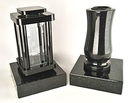 designgrab Modern Grablampe mit Vase und 2 Stück Sockel aus Granit Schwedisch Black SS1 schwarz, Grabschmuckset