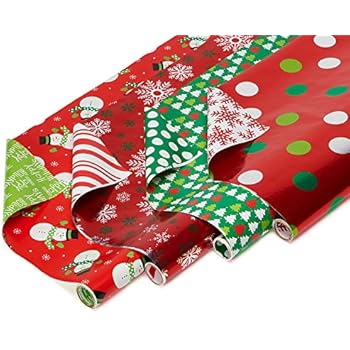 American Greetings Reversible Christmas Foil Wrapping Paper, Polka Dots, Trees, Snowmen and Snowflakes (4 Pack, 120 sq. ft.)