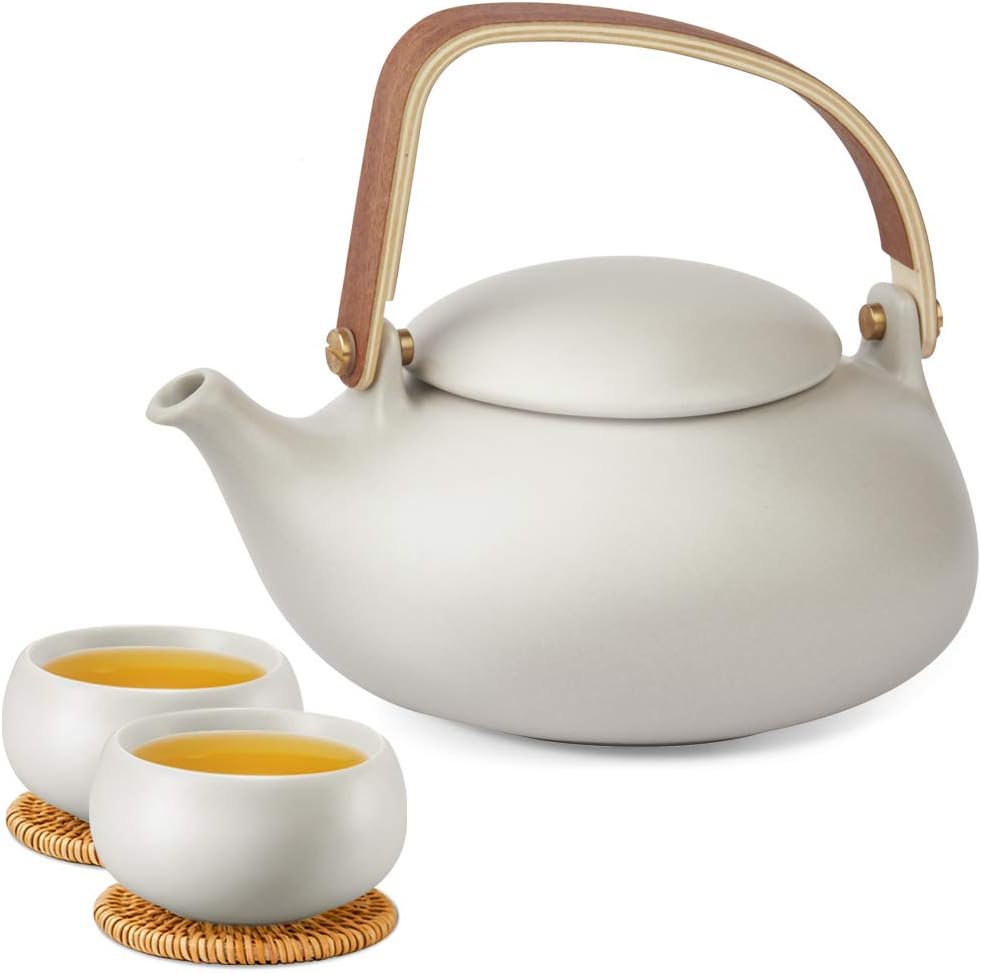 ZENS Ceramic Teapot Set, Matte Grey Loose Leaf Teapot Infuser and 2cup