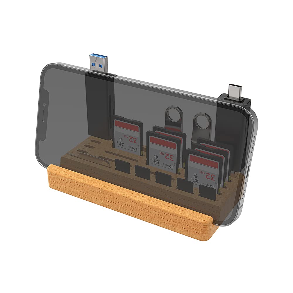 JJC Wooden Phone Holder Memory Card Stand Organizer for Smartphone SD TF Cards Flash Drives Type A Type C Card Readers Card Removal Tool
