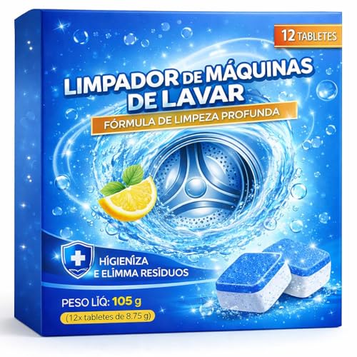 Pastilhas Limpadoras para Máquina de Lavar - Kit com 12 Unidades – Limpeza Profunda, Anticalcário, Elimina Odores, Compatível com Todas as Máquinas - Machine Cleaning Tablets
