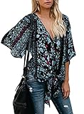 Bbalizko Womens 3/4 Sleeve Chiffon Blouses Floral Printed Deep V Neck Tie Front Tops