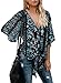 Bbalizko Womens 3/4 Sleeve Chiffon Blouses Floral Printed Deep V Neck Tie Front Tops