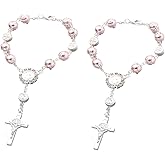 2 Pcs Car Rosary Rearview Mirror Auto Rosary Hanging Personalized Auto Cross Blessing Catholic Car Medal (Pink)