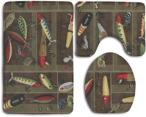 ILNONO Bathroom Accessories Bath Rug Sets 3 Piece Bathroom Non-Slip Floor Rug Fishing Lure Style Pedestal Rug + Lid Toilet Cover + Bath Mat