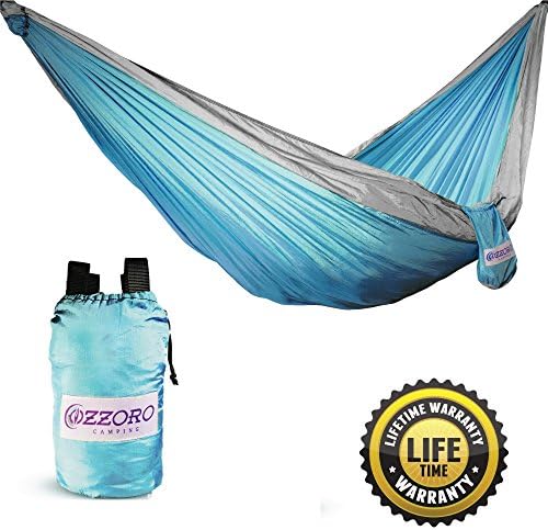 Double Hammock With Tree Straps – XL Camping Hammock Lightweight Portable Heavy Duty Two Person Parachute Nylon Hammock For Backpacking Outdoor Camp (Light Blue/Light Gray)