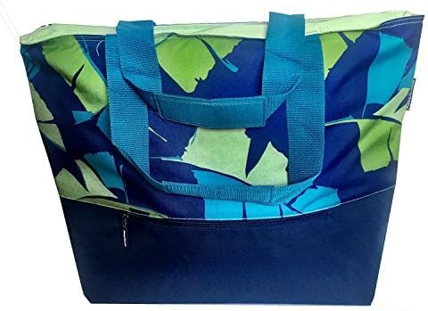 Cooler Insulated Tote Large Bag Blue with Padded Shoulder Strap for Grocery, Frozen Food, Hot, Side Pockets and Perishables with Zipper