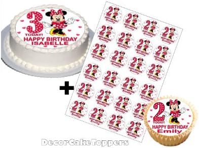 Personalised Mickey or Minnie Mouse Cake Toppers with Any Name & Age on Decor Real Edible Icing (Minnie Party Set Round)