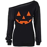 RJXDLT Women's Halloween Shirt Slouchy Sweatshirt Off Shoulder Pumpkin Pullover Top