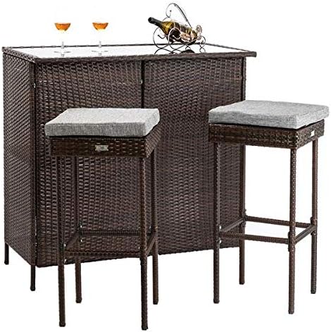 HopeHope Indoor Outdoor Use Wicker Rattan Barstool with Footrest for Garden Pool Lawn Backyard, Study Steel Frame Bar Chairs Furniture