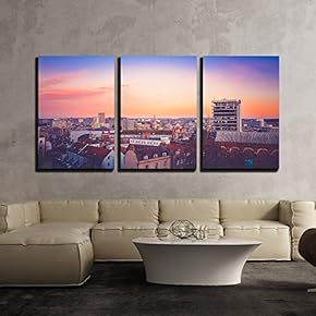 3 Piece Canvas Wall Art - The Buildings in The Sunset - Modern Home Art Stretched and Framed Ready to Hang - 16"x24"x3 Panels