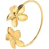 Izpack Plumeria Flower Bangle Cuff Bracelet for Women Stainless Steel 18K Gold Plated Adjustable Flowers Blossom Daisy Open Wrist Bracelets Bangles Fashion Birthday Jewelry
