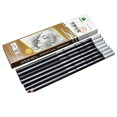 Maries 12Pcs/Box Soft/Neutral/Hard Non-Toxic Charcoal Pencil Black Sketch Drawing Pencils for School C7300-6 (Medium)