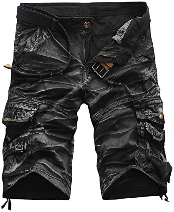 InMoo Men's Outdoor Lightweight Cotton Multi Pockets Cargo Shorts Black/White Camouflage 34 No Belt