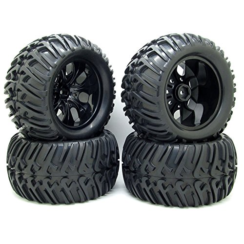 4PCS RC 1/10 RC Truck Off-Road Car Rubber Tires + 7 Spokes Wheel Rim Black RC Car Parts