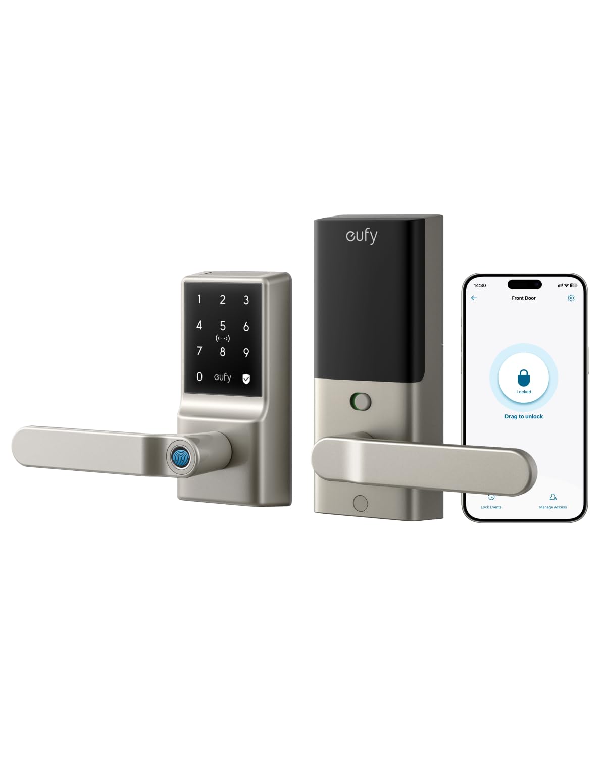 Photo 1 of eufy Smart Lever Lock C33, Keyless Fingerprint Door Lock with Handle, Integrated Wi-Fi, Remote Control via App, Biometric Entry Knob, Auto-Locking, IP53 Waterproof, Nickel (2025 New Version)