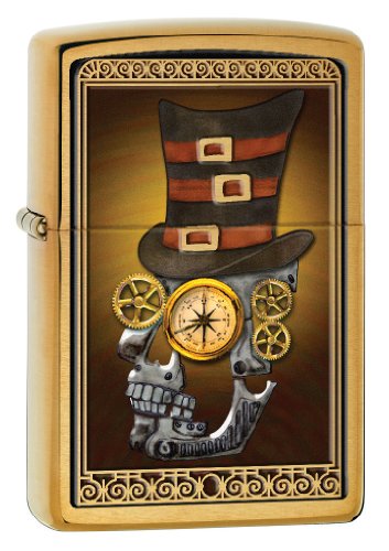 UPC 041689283209, Zippo Brush Brass Industrial Machinery Skull with Top Hat Lighter (Gold, 5 1/2x 3 1/2-Cm)