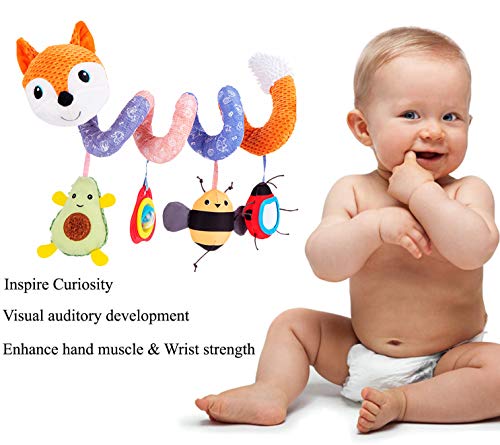 ORZIZRO Car Seat Toys, Baby Plush Spiral Hanging Toys for Stroller Crib Bar Bassinet Car Seat Mobile with Music Box BB Squeaker Rattles- Orange Fox