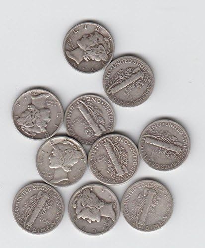 Hall of Fame Sports Memorabilia - 1916 to 1945 PDS Mercury Dimes - Dime US Mint - Grades VG and better (Pack of 10)