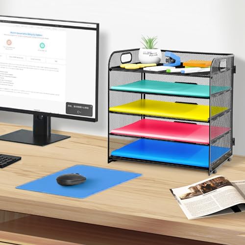 KIROGILY Bandeja Organizadora Papel de 5 Niveles con asa, Organizador Archivos Escritorio de Malla, Organizador Clasificador Papel para Suministros Escolares Oficina