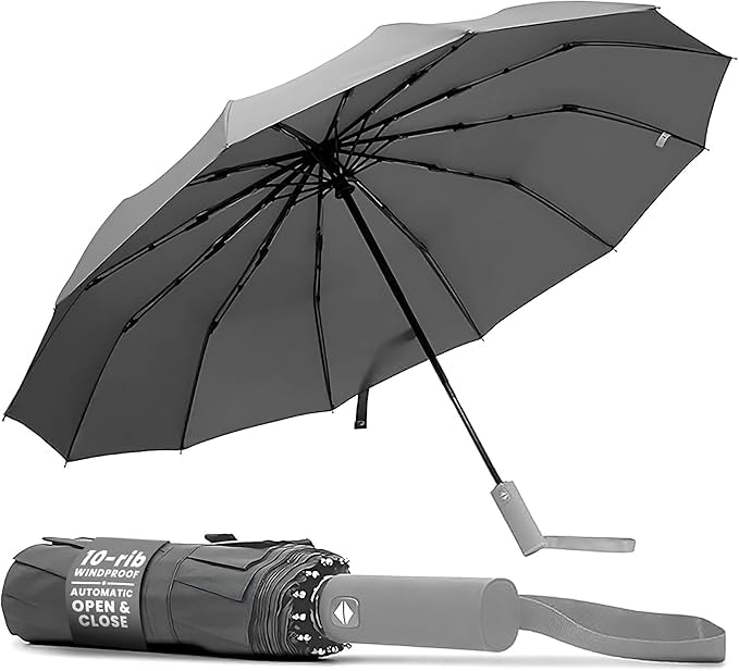 TANNESS Windproof Umbrella – 10-Rib Waterproof & Compact with Automatic Open/Close Function and Ergonomic Handle – Folding Mini - Strong for Wind and Rain (Grey)
