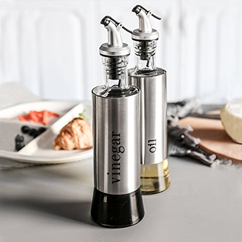 Olive Oil and Vinegar Bottle Set, 2-piece Olive Oil Container Set with Rack and Wooden Base, 10.3 Oz Olive Oil Dispenser|No-Drip Double Spouts|Dishwasher-Safe Glass Cooking Oil Cruet Bottles, by upra