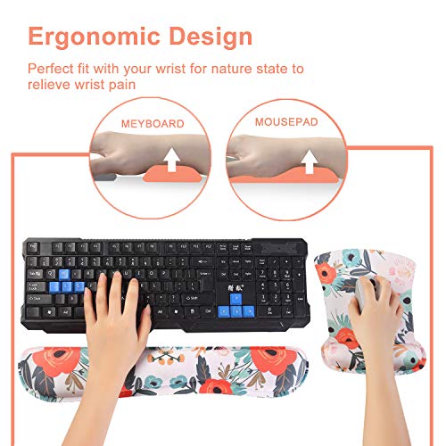 Dooke Keyboard Wrist Rest Pad and Mouse Wrist Rest Support, Comfort Wrist Rest Pad with Non-Slip Rubber Base & Memory Foam Support for Working Gaming Fatigue Pain Relief Floral