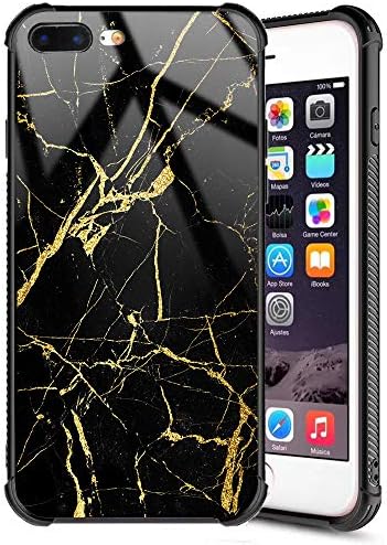 iPhone 8 Plus Case,iPhone 7 Plus Marble Case,Black Gold Marble Pattern Tempered Glass Back Cover Case Shockproof Bumper Hard Case for iPhone 7 Plus/iPhone 8 Plus
