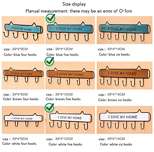 Wall-Mounted Coat Rack, 15-inch Wooden Shelving Hook Storage Key Holder with 5 Metal Hooks for Keys Towel Clothes Hats Bags Mudroom Bathroom Entryway, (2 Packs, Blue)