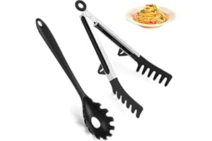 Silicone Spaghetti Spoon and Pasta Tong Set, Durable Noodle Server and Kitchen Tongs for Cooking and Serving, Non-Stick Cookw