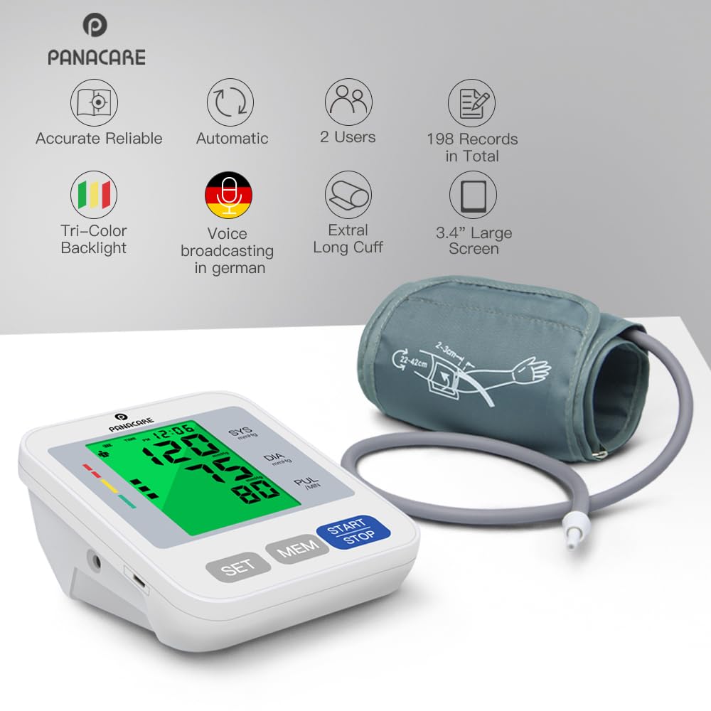 Blood Pressure Monitor Upper Arm Blood Pressure Machine for Home Use BP Cuff Kit, Large 3-Color 3.4'' Display with Backlight,Pulse Rate Detection Meter with Cuff 22-42cm/2×99 Sets Memory (Gray)