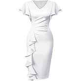 Memoriesea Women's Sexy V Neck Ruffle Short Sleeve Bodycon Cocktail Work Midi Dress