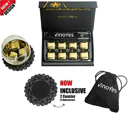 VinoYes Whisky Steine in Gold mit UNTERSETZER – 8 Wiederverwendbare Kühlsteine als Geschenk-Set in edler Verpackung… – Bild 3