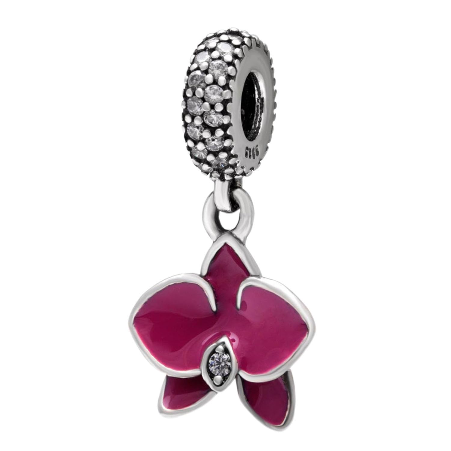 925 Sterling Silver Orchid Charm Flower Charm Anniversary Charm Christmas Charm Heart Love Charm for Pandora Bracelet (Fuschia)