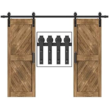 WINSOON 5-18FT Sliding Barn Wood Door Hardware Cabinet Closet Kit Antique Style for Double Doors Black Surface (6FT /72