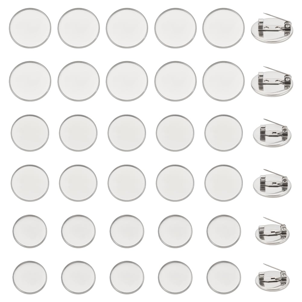 UNICRAFTALE 36pcs 16/18/20mm Flat Round Brooch Pin Stainless Steel Color Brooch Cabochon Settings 304 Stainless Steel Brooch Bezel Trays Base Blank Brooch Tray for Badge Corsage Name Tags Making
