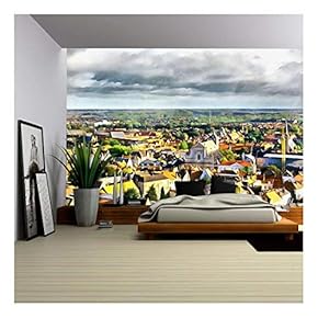 Medieval Town Aerial Landscape in Bruges Illustration - Removable Wall Mural | Self-Adhesive Large Wallpaper - 66x96 inches