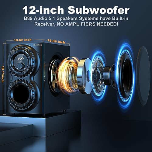Bobtot Surround Sound Systems 1400 Watts Peak Power Home Theater Speakers - 12